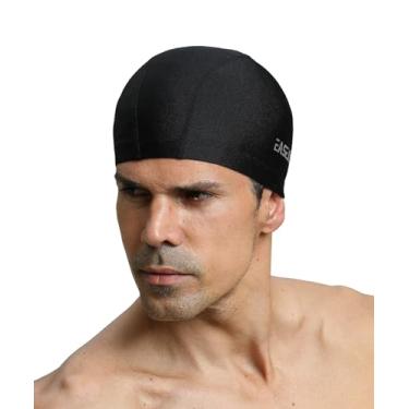 Imagem de Touca de natação de nylon de alta elasticidade para homens e mulheres, short de cabelo, confortável, respirável (preto)