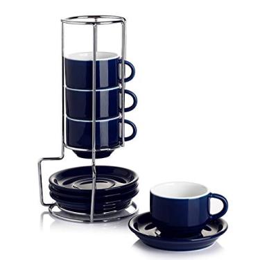 Imagem de Sweese Xícara de café expresso empilháveis de porcelana de 113 ml com pires e suporte de metal, conjunto de 4, azul-marinho