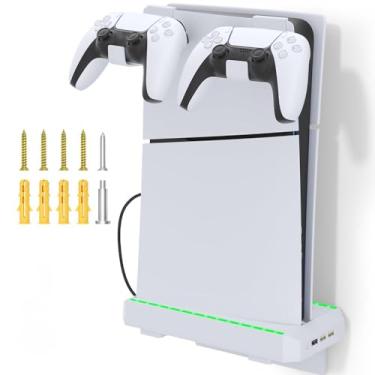 Imagem de Dock para PS5 Slim Digital e Disc Edition, kit de montagem em parede Suporte vertical com 2 suportes de controlador, 8 luzes RGB ajustáveis, 3 portas USB, interruptores de toque (Branco)