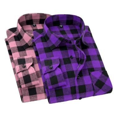 Imagem de Cromoncent Camisa masculina casual xadrez de flanela com botões, 2 peças - roxo, rosa, 4G