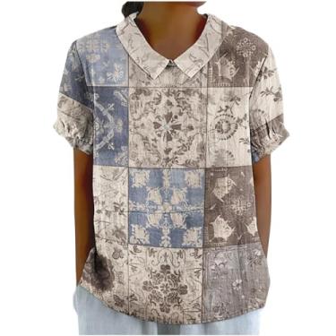 Imagem de Camisetas femininas de linho de algodão 2024 lapela manga curta blusas elegantes para trabalho casual confortável verão túnica tops, #13 - vinho, P