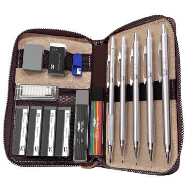 Imagem de Mr. Pen - Conjunto de lapiseira de metal em estojo de couro, 5 tamanhos, 0,3, 0,5, 0,7, 0,9, 2 mm, lápis mecânicos, lápis de esboço, lápis de desenho