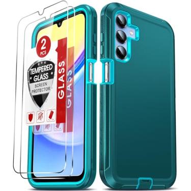 Imagem de LeYi Capa Total para Samsung Galaxy A15 5G: Compatível com 6,5 polegadas, 2 em 1 com 2 películas de vidro temperado, à prova de choque, resistente, azul-petróleo escuro, texturizado, militar