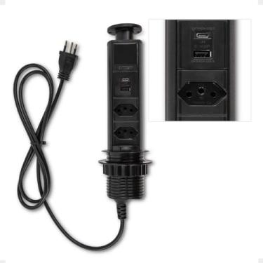 Imagem de Torre De Tomada Usb A Usb C 02 Tomadas 10a Retrátil Preto