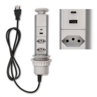 Imagem de Torre De Tomada Bivolt Retrátil Filtro De Linha, Régua De Energia Vertical De Escritório, Sala, Sofá, Quarto Bancada Cozinha Garagem 2 Tomadas 20 Amperes com Entrada USB A e USB C (Cinza)