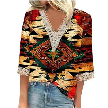 Imagem de Generic Camisetas femininas de tamanho grande com patchwork de renda manga 3/4 de comprimento e gola V estampa floral pulôver, 21 - multicor, XGG