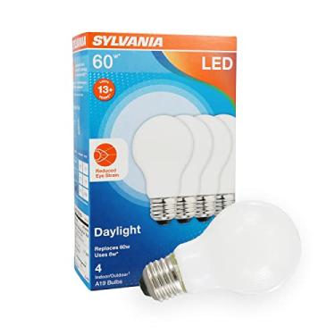 Imagem de Lâmpada de LED A19 Sylvania com redução nos olhos, 60W = 8W, 13 anos, regulável, fosca, 5000K, luz do dia - pacote com 4 (40681)