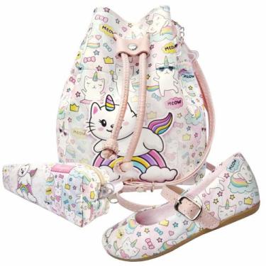 Imagem de Kit Infantil Feminino Sapatilha, Bolsa E Estojo Gatinho Arco-Íris, Mag