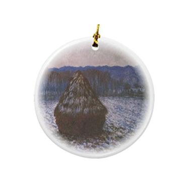 Imagem de Rikki Knight Enfeites de Natal de dois lados de porcelana redonda com design 2 Palheiros de Arte Claude Monet