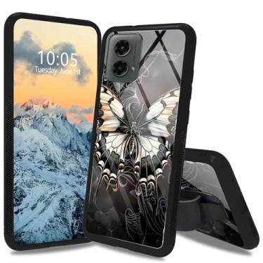 Imagem de Dikoer Capa borboleta cinza para Moto G Stylus 5G 2024 de 6,7 polegadas com suporte/alça, parte traseira de vidro temperado e quatro cantos, absorção de choque, antiderrapante, listra, macia TPU para