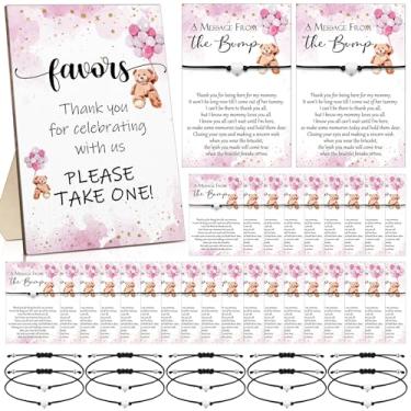 Imagem de Thyle Conjunto de 50 lembrancinhas de jogos de chá de bebê de urso para convidados 50 mensagens do cartão The Bump 50 pulseira de coração ajustável sinal de madeira chá de bebê presente de retorno