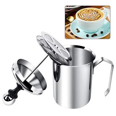 Imagem de Creme de leite manual bomba de mão espumador Cappuccino Café latte com alça, tampa, tela de filtro de camada dupla, aço inoxidável, Prata, Stainless Steel