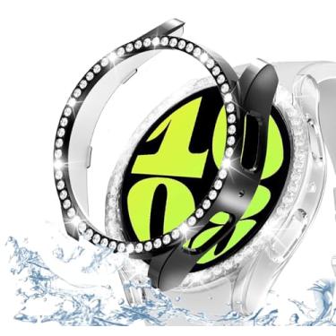 Imagem de DEALELE [Pacote com 2] Capa compatível com Samsung Galaxy Watch 6 de 40 mm, capa protetora de PC com diamante de linha única Bling (40 mm, preto + transparente)