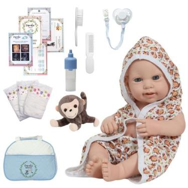 Imagem de Boneco Reborn Luca Corpo 100% Vinil Roupão Macaco Com Bolsa - Cegonha 