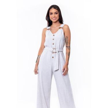 Imagem de Macacão Calça Pantalona Alça com Cinto - Restrito Jeans, 46, Bege