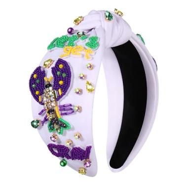 Imagem de NVENF Mardi Gras Headband Carnival Accessories for Women Crown Mask Headbands Green Purple Gold Rhinestone Pearl Jeweled Knotted Headband Fat Tuesday Parade Party Favors Gifts (Lobster)