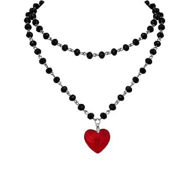 Imagem de Sacina Colar gótico Y2k com coração vermelho, gargantilha de coração com contas pretas em camadas, gótico emo grunge Y2k, presente de dia dos namorados, presente de Halloween e Natal para mulheres,