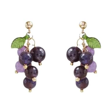 Imagem de Brincos de fruta simulada criativos fofos brincos pingente de fruta roxo ciano uva morango pêssego brincos feitos à mão brincos de pingente de borla fofos para mulheres meninas, Metal, Metal