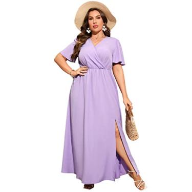 Imagem de KOJOOIN Vestido longo feminino plus size com mangas esvoaçantes, cintura império, dividido, evasê, boêmio, vestido casual, Roxo liso, XXG