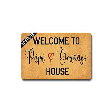 Imagem de IFHUH Welcome to Papa and Granny's House Capacho engraçado bem-vindo tapete de porta da frente tapete de borracha antiderrapante capacho engraçado tapete interior exterior 60 cm (L) x 40 cm (C)