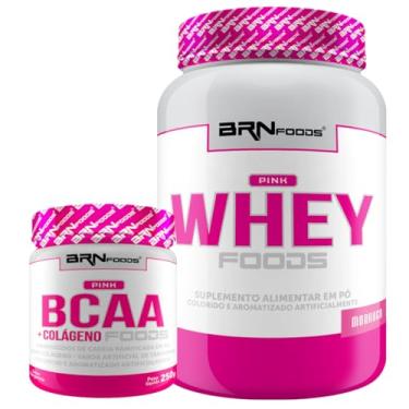 Imagem de Kit Pink Whey c/Colágeno 2kg + BCAA c/Colágeno 250g - BRN Foods (Médio, Morango)