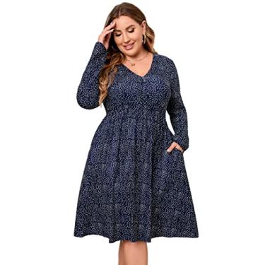 Imagem de Vestido plus size com decote em V, evasê, plus size, comprimento até o joelho, vestido rodado midi para mulheres curvilíneas, Pontos azul marinho - pontos azuis marinhos 2GG, 3G