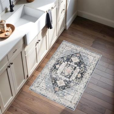 Imagem de Tapete lavável para sala de estar, 61 x 91 cm – Tapete vintage pequeno, resistente a manchas, antiderrapante, macio, envelhecido para entrada, quarto, sala de jantar, cozinha (azul escuro/marinho)