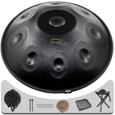 Imagem de Tambor de mão "SINGOFIRE" com 9 notas, tambores de mão para adultos, 55 cm 440 Hz D menor, instrumento HandPan com bolsa macia, 2 marretas de mão, suporte de mão e pano sem poeira (preto)