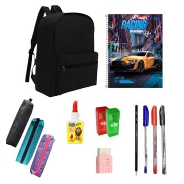 Imagem de Kit Material Escolar 11 itens Ensino Médio Fundamental Masculino Completo Mochila Estojo Canetas Lápis Cola Borracha