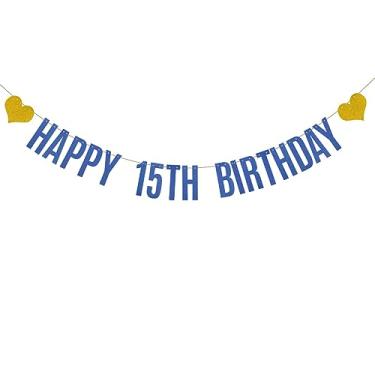 Imagem de Banner de feliz aniversário de 15 anos, pré-amarrado, faixa de guirlandas de papel com glitter azul para suprimentos de decorações de festa de 15 anos, letras azuis, Betteryanzi