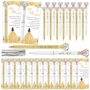 Imagem de Gilprop 25 conjuntos de lembrancinhas de festa de quinze anos, 15 canetas esferográficas chiques com cristal, cartões de agradecimento e gravatas, presentes de agradecimento para convidados de festa