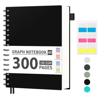 Imagem de AHGXG Caderno de papel milimetrado, caderno espiral de 300 páginas, caderno de papel quadriculado A5, papel grosso de 100 g/m², diários de capa dura de plástico para matemática de engenharia de