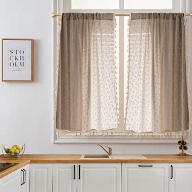 Imagem de ENJOYBRIDAL Cortinas de cozinha margarida 91 cm de comprimento semitransparentes decoração café boho floral bolso varão cortina painéis sobre a pia 2 painéis curtos pequenas janelas de banheiro