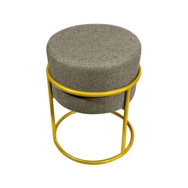 Imagem de Puff Decorativo Redondo Base De Ferro Dourada Tecido Linho Bege