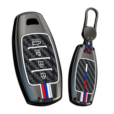 Imagem de HIBEYO Capa de chaveiro compatível com Hyundai I30 Ix35 KONA Encino Solaris Azera Grandeur Ig Accent Santa Fe Palisade Alloy Carbon Fiber Texture Key Shell com chaveiros-4 botões porta elétrica preta