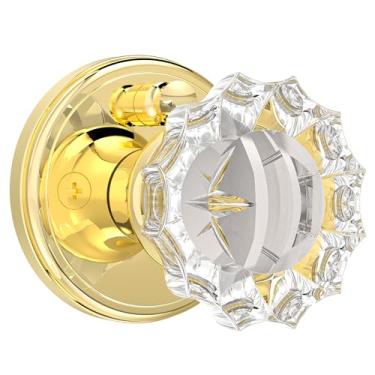 Imagem de SHINY HANDLES Maçanetas de vidro interior, maçanetas de porta de cristal de privacidade com trava para quarto de banho, botão de pressão dentro de fechadura dourada polida