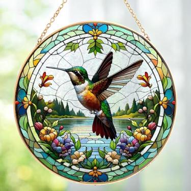 Imagem de Beija-flor janela vitral apanhador de sol colorido mosaico flores voando pássaro ornamento pendurado decoração de parede de vidro reforçado Natal casa apanhador de sol presente para avó amante de