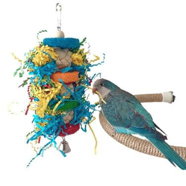 Imagem de CXYYXF Brinquedos coloridos para mastigar pássaros, brinquedo triturador de papagaio com sino, bucha natural e casca de milho, acessórios de gaiola de pássaros pendurados para papagaios, periquitos,
