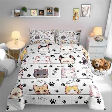 Imagem de Manfei Conjunto de edredom de gato fofo, tamanho infantil, para quarto de crianças e adolescentes, edredom de plumas, 2 peças, 1 fronha