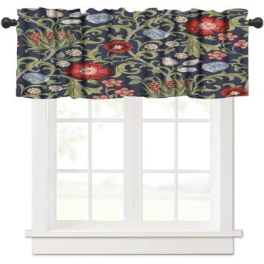 Imagem de Cortina floral para cozinha, estilo William Morris vintage, azul, jardim, plantas, ervas, flores vermelhas, tratamento de janela, cortinas com bolso para varão, para sala de jantar, quarto,