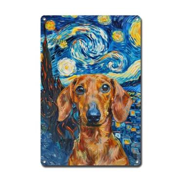 Imagem de Ymyoo Placa de metal placa de estanho arte de parede vintage dachshund noite estrelada salsicha curiosa dachshund em um céu celestial para casa e exibições sazonais alumínio resistente à corrosão 8×12