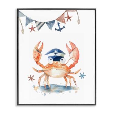 Imagem de Stupell Industries Design de arte de parede giclée emoldurado com caranguejo em chapéu de marinheiro preto por LSR Design Studio, 40,6 x 50,8 cm