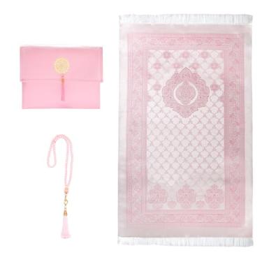 Imagem de Lenmipot Tapete de oração Namaz muçulmano cobertor portátil Ramadã oração tapete macio islâmico Eid conjunto de tapete de presente com contas tapete fino muçulmano - rosa