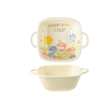 Imagem de Conjunto de pratos criativos em estilo japonês, utensílios de mesa de cerâmica para uso doméstico, tigela de sopa de arroz - tigela quadrada de orelha dupla de 23 cm - esmalte amarelo