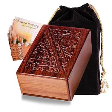 Imagem de EARTHLY HOME Caixa de urna de madeira para cinzas humanas, caixa de urnas funerárias de cremação, urnas decorativas esculpidas à mão para memorial de animais de estimação e adulto, caixa de cinzas de