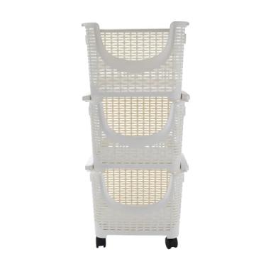 Imagem de Carrinho de Armazenamento Caixas de armazenamento empilháveis ​​de 3 camadas, plástico, carrinho de servir branco, bandeja removível, carrinho de barra de cozinha Carrinho de Armazenamento