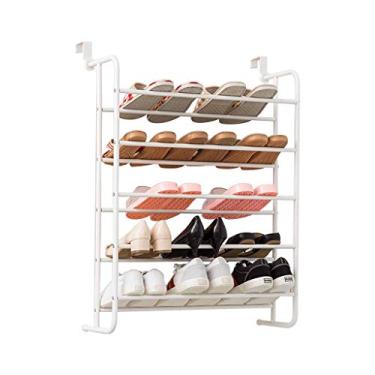Imagem de Sapateira empilhável branca de cinco camadas de metal organizador de sapatos ajustável de parede e porta, acomoda 15 pares de organizador de sapateiras