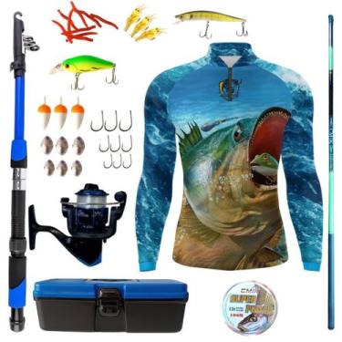 Imagem de Kit Camiseta De Pesca Mais Artigos Para Pescaria Vara Telescopica Isca