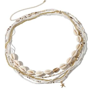 Imagem de RUIFUU Correntes de barriga com contas de várias camadas, colares de barriga coloful de praia de verão, corrente de contas, contas de concha sexy, joia de biquíni para mulheres, 31-39inch, Liga