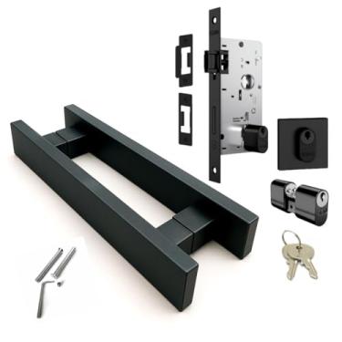 Imagem de Kit Puxador Porta Madeira Entrada Duplo Barra Chata 40cm Alumínio Preto Fosco + Fechadura Stam Rolete Pivotante Inox